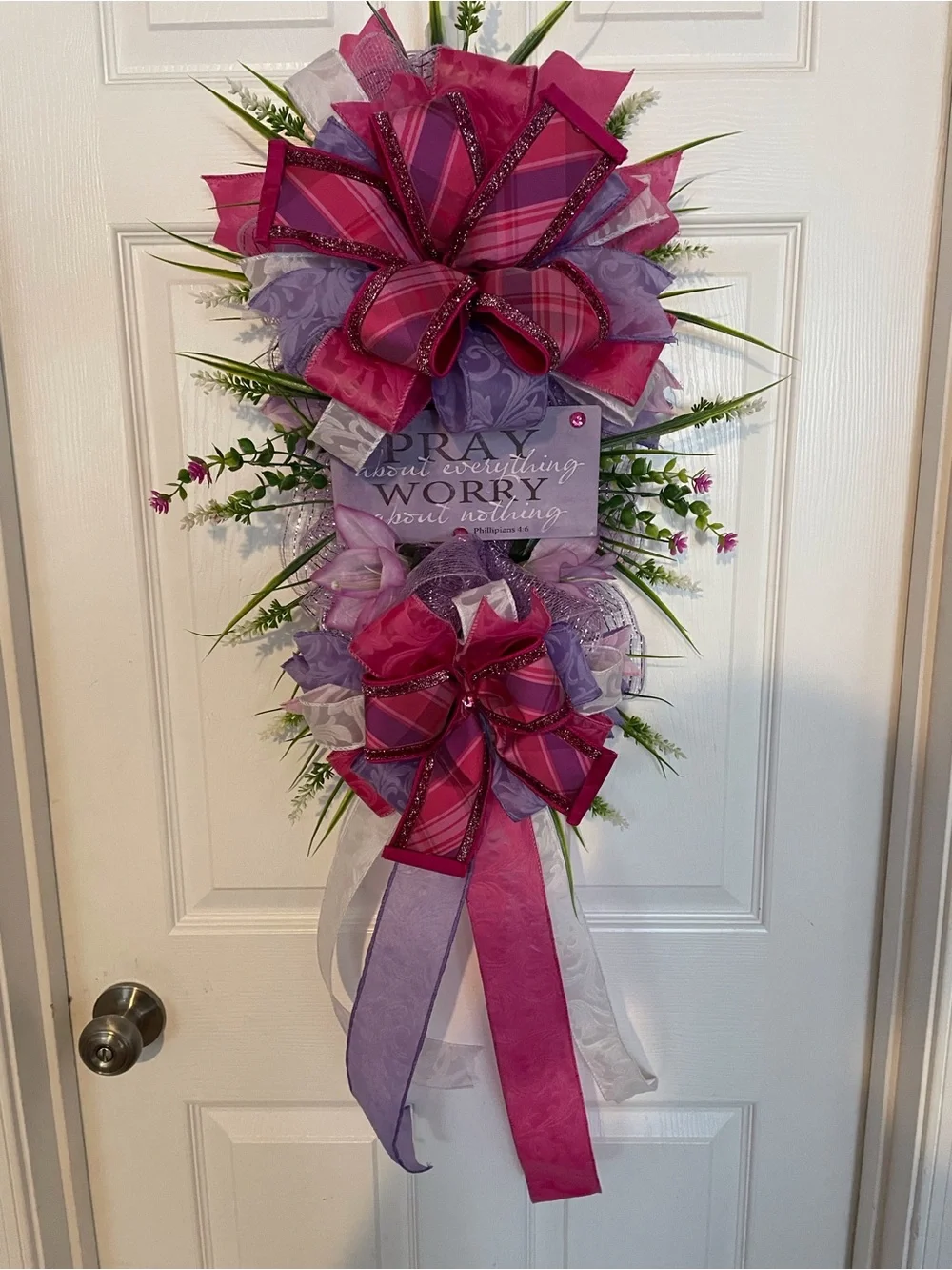 Home Holiday Pink & Purple Ribbon Door Swag with Floral Accents